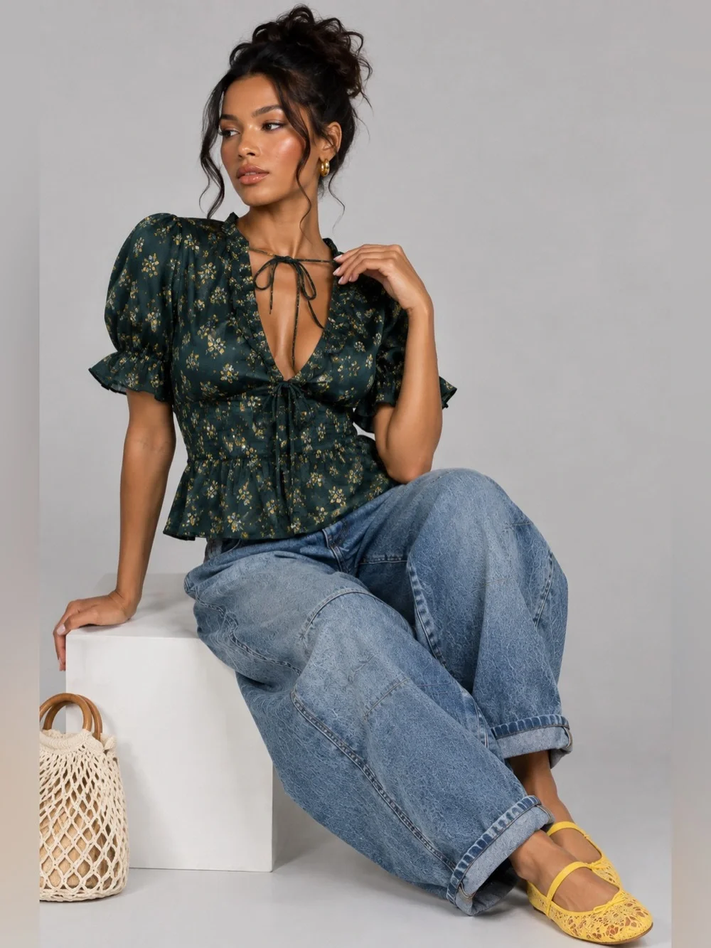 FREE PEOPLE Y2K Dark Green Floral Tie-Front Satin Peplum Deep V-Neck Blouse
